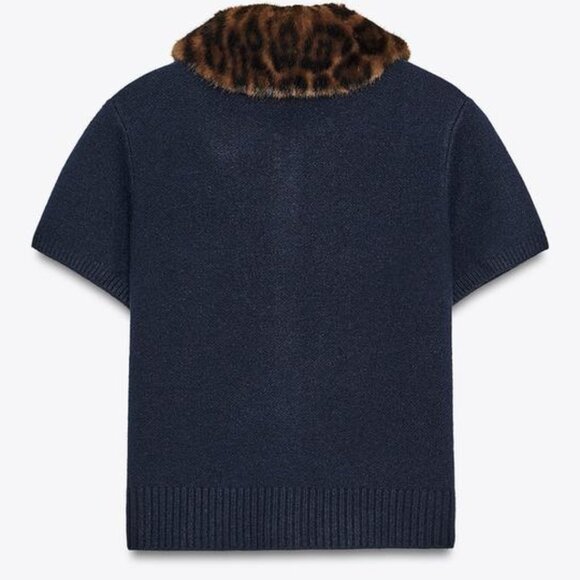 Zara Animal Print Faux Fur Collar Boxy Button Up Cardigan in Navy Blue M NWT - Picture 3 of 14